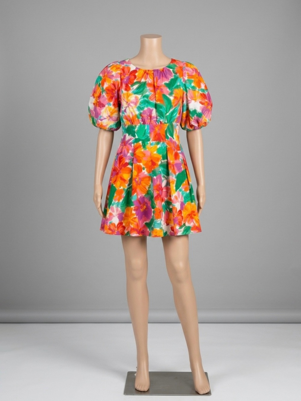 New York & Company Floral Puff-Sleeve Mini Dress - Green & Orange